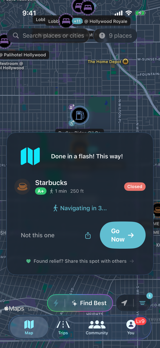 RestMap Quick Find showing nearest restroom with walking directions